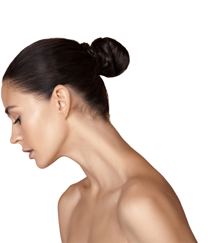 Woman model looking to the left with Virtue Logo